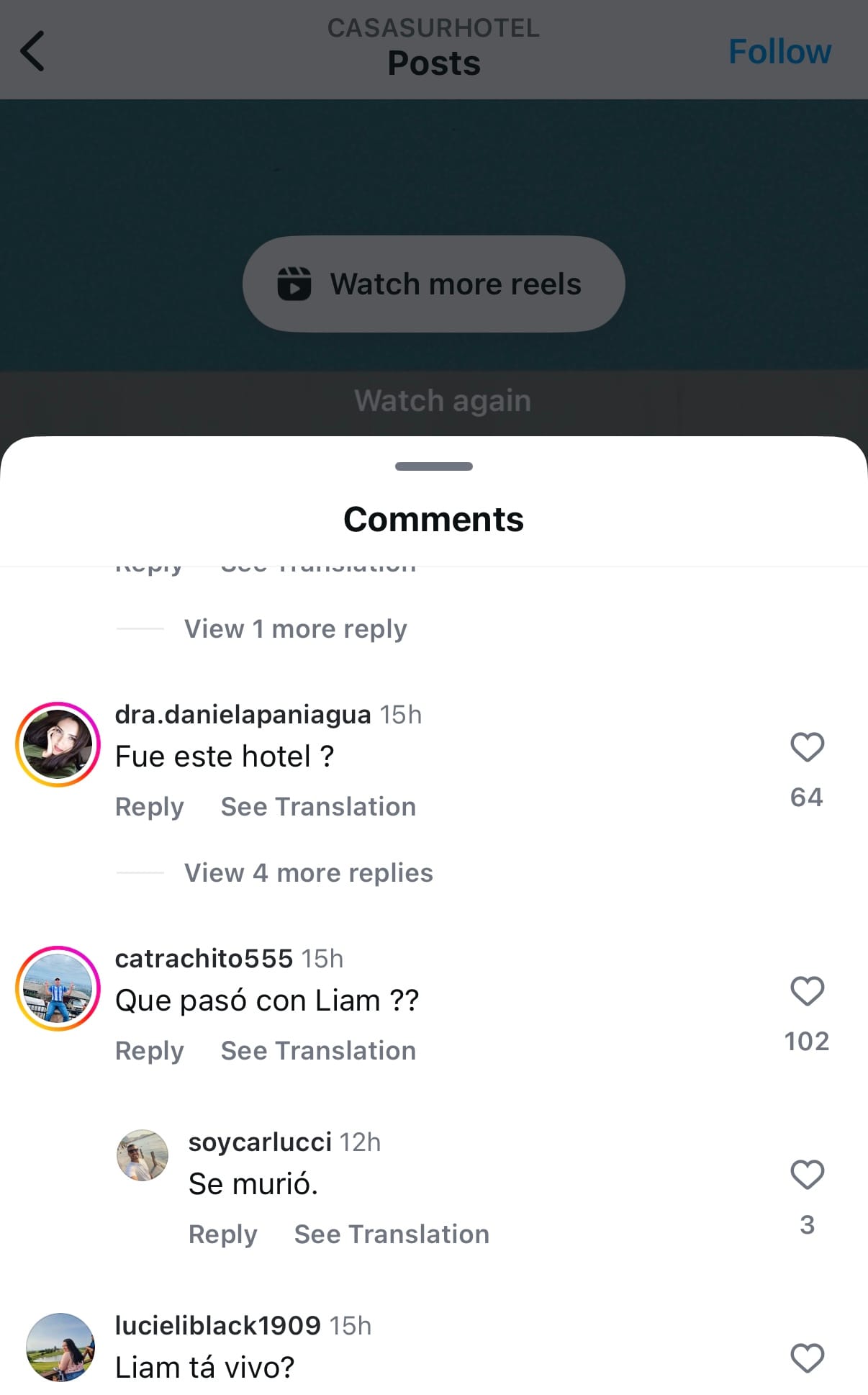 Comments on a hotel's Instagram page, asking for news about Liam Payne