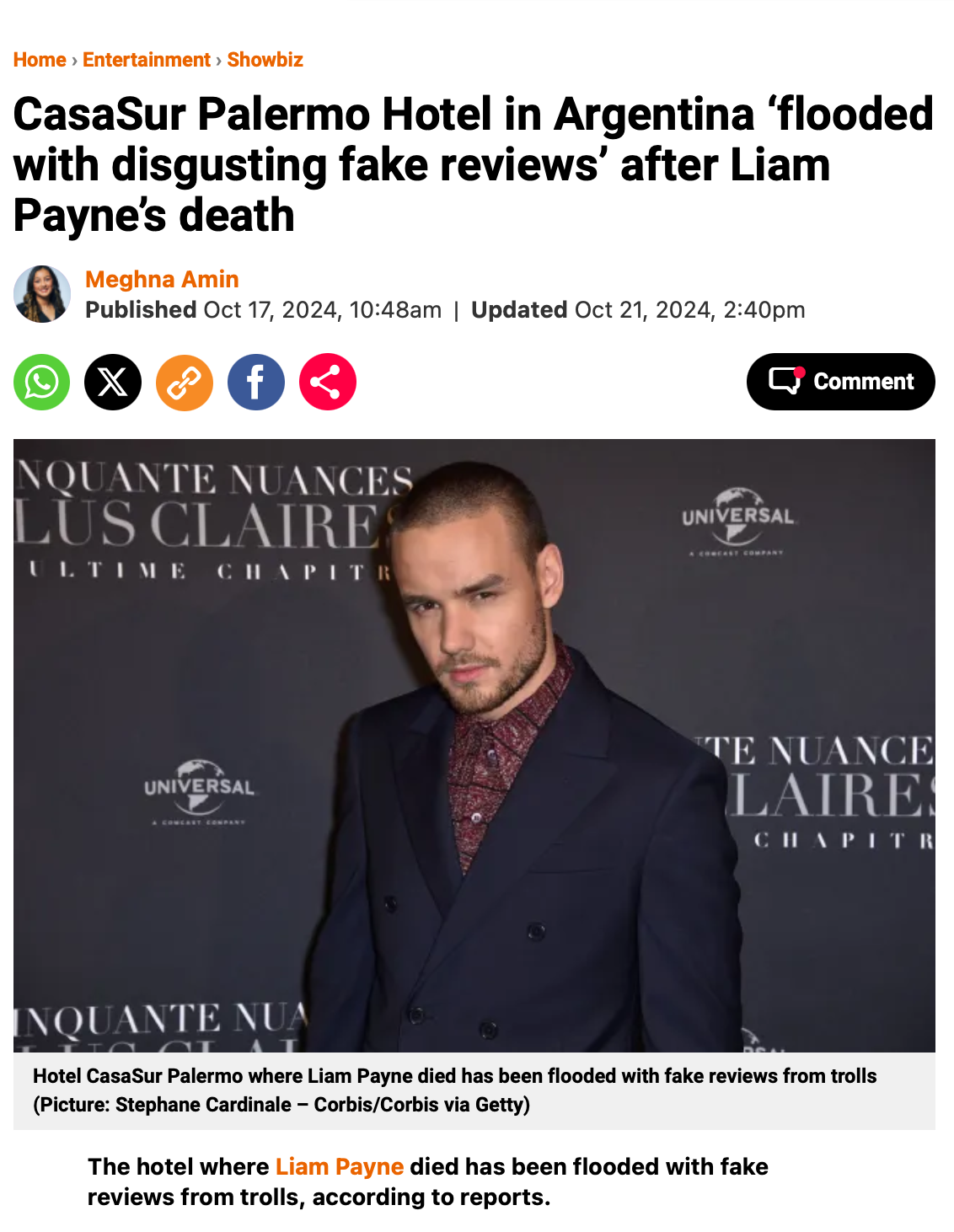 Screenshot from Metro Newspaper featuring Liam Payne