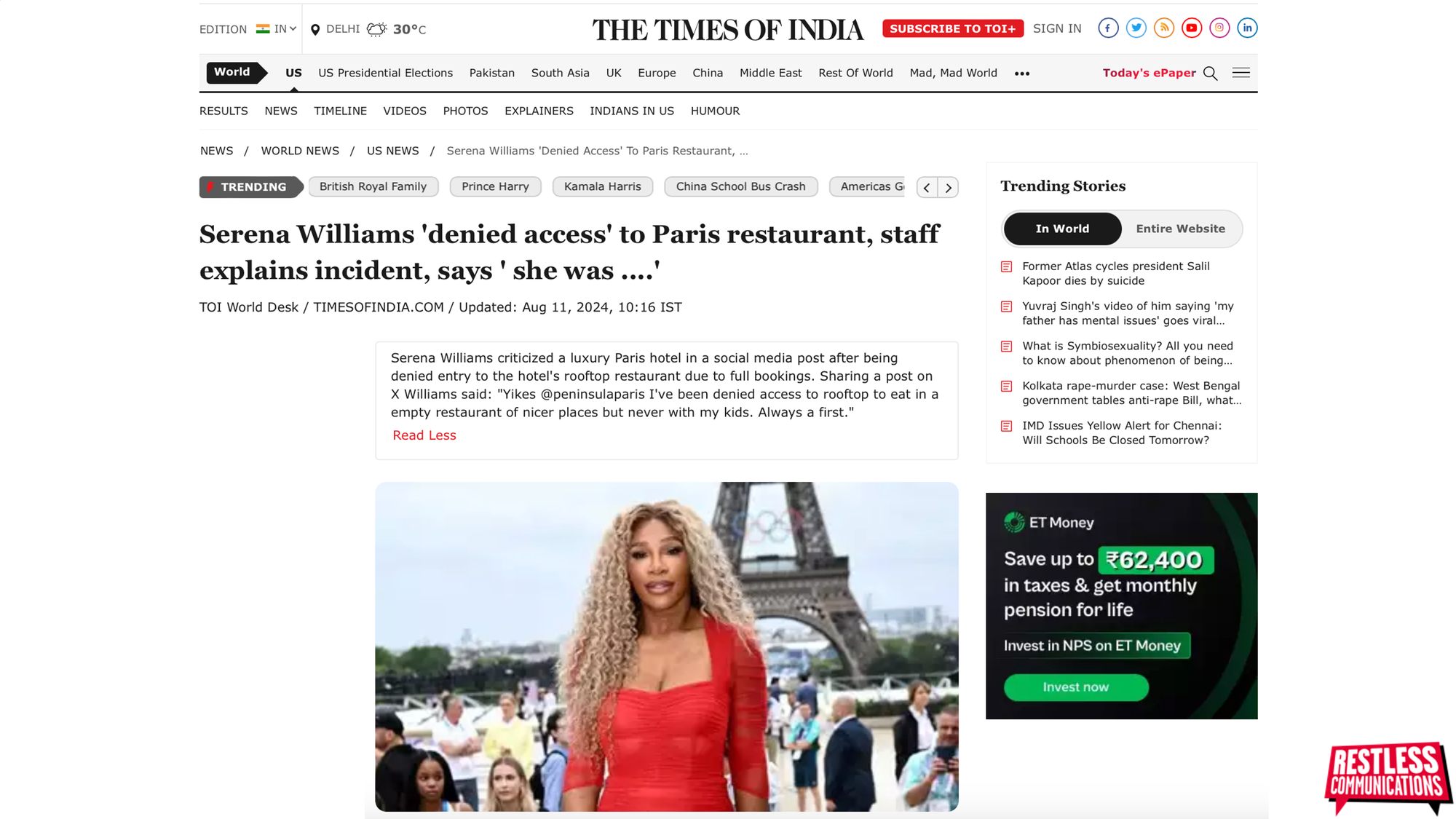 Screenshot from the Times of India of a news story featuring Serena Williams claiming she was refused a table in a Paris restaurant